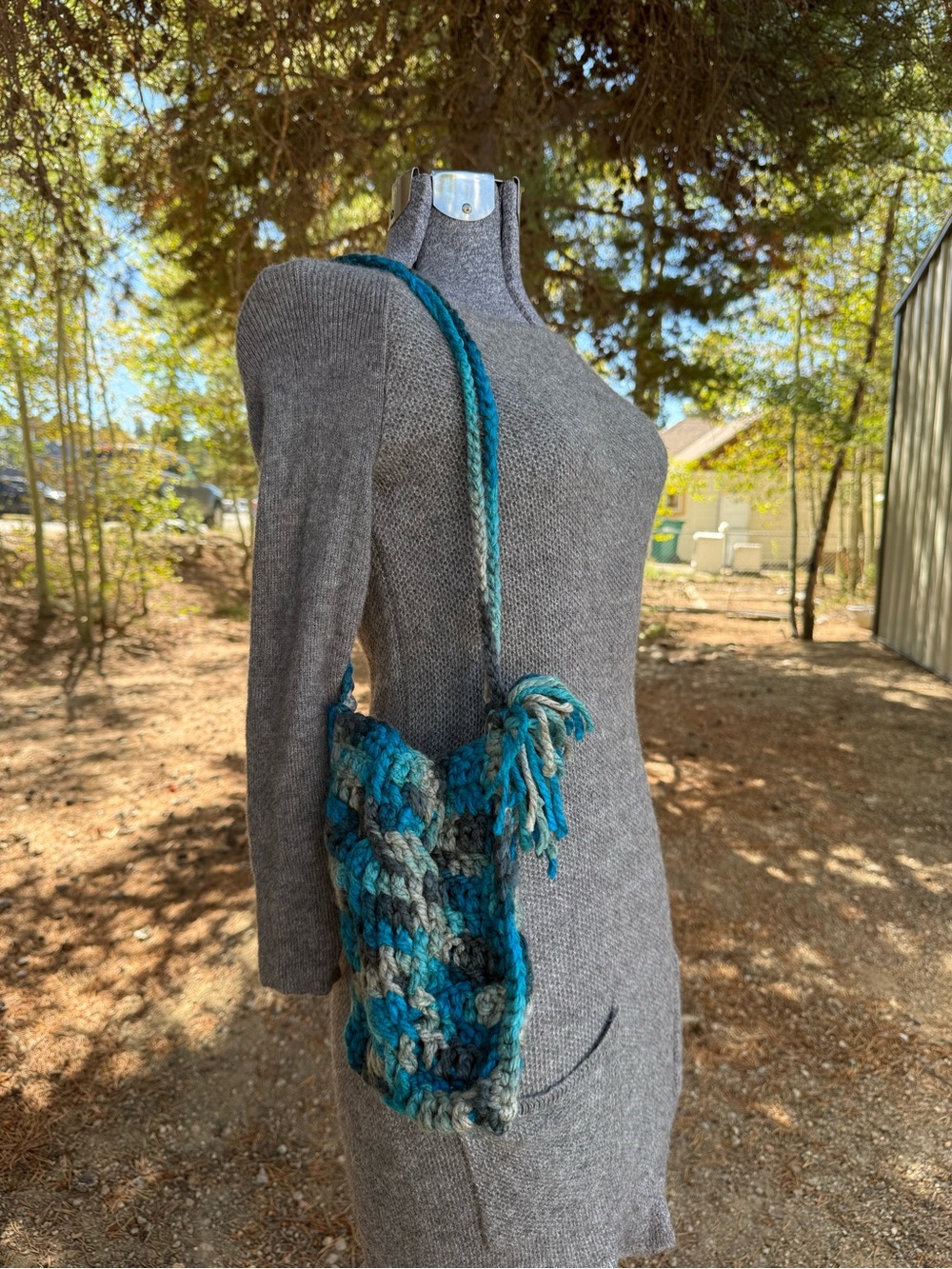 Handmade Teal & Gray Knit Crossbody Bag